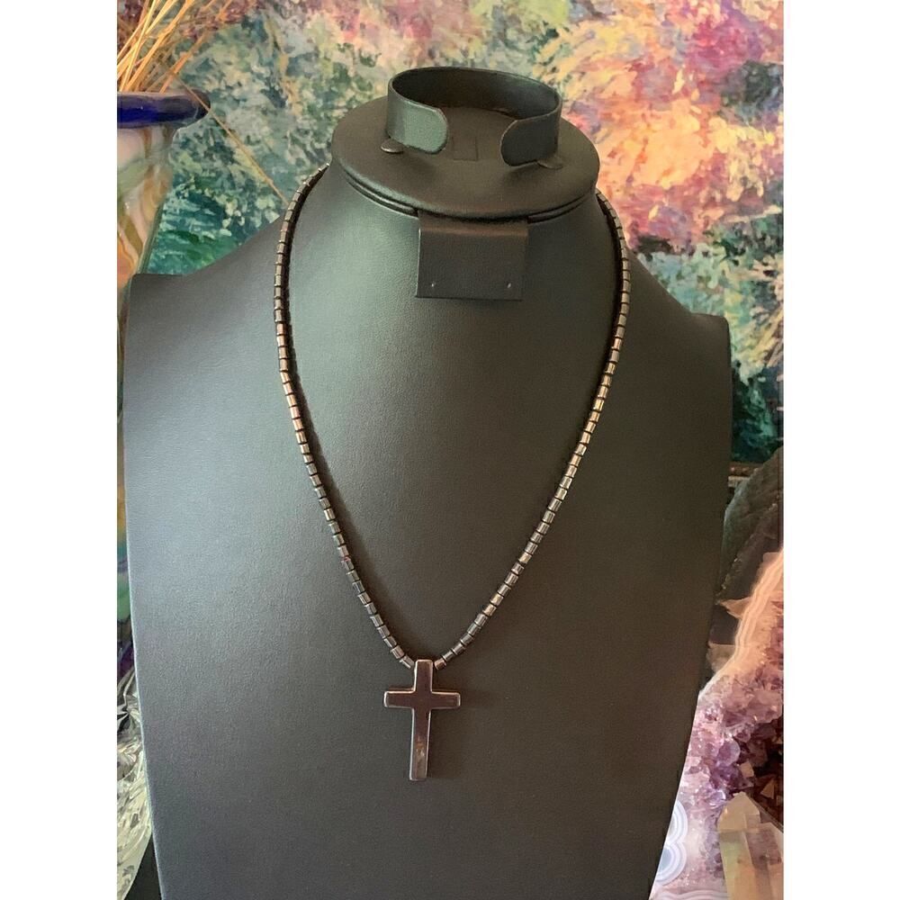 Vintage Hematite Cross pendant w/Beads, Gold, Unstamped
